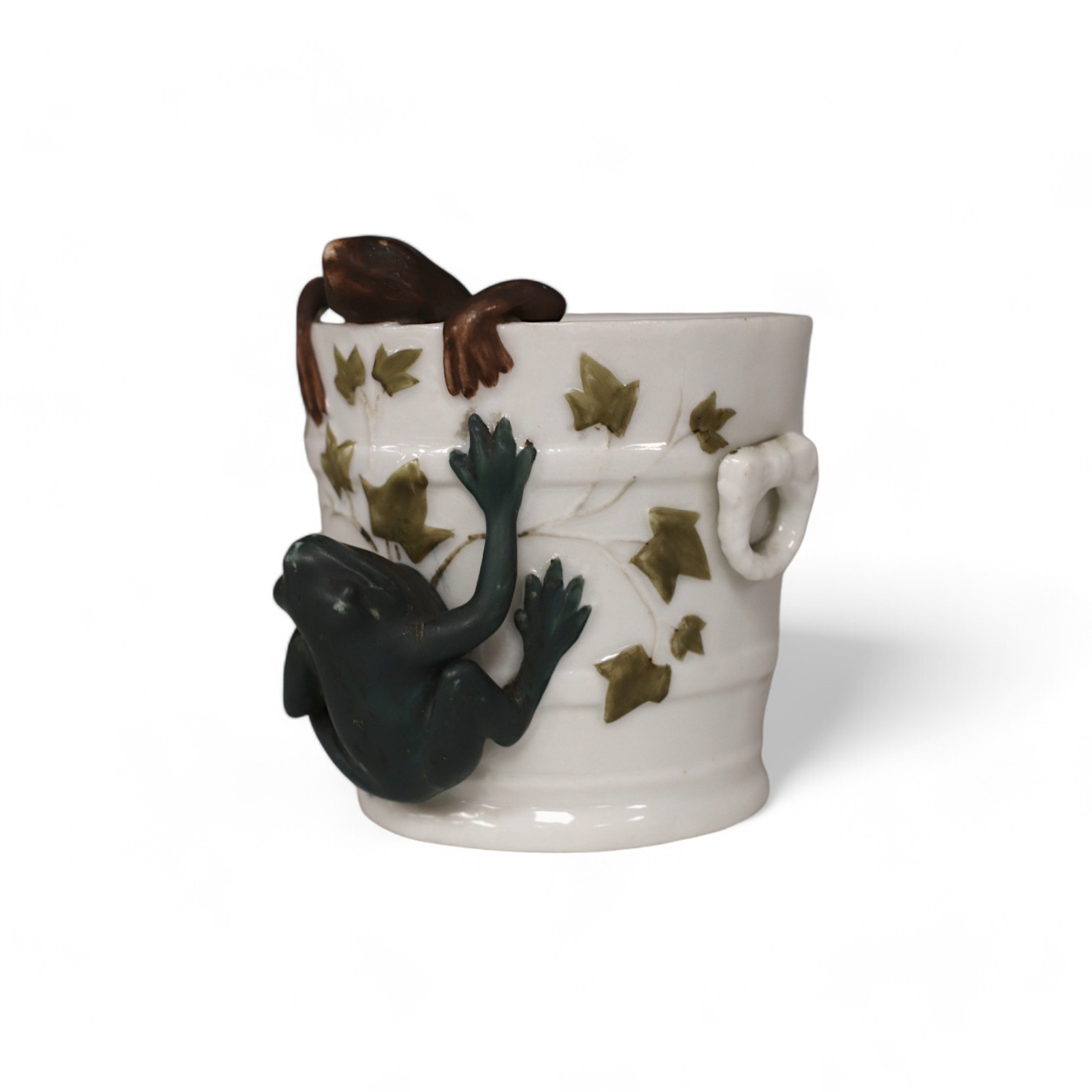 Two 'frogs in and out of a bucket' style pot, 8cm high. Condition - fair to good